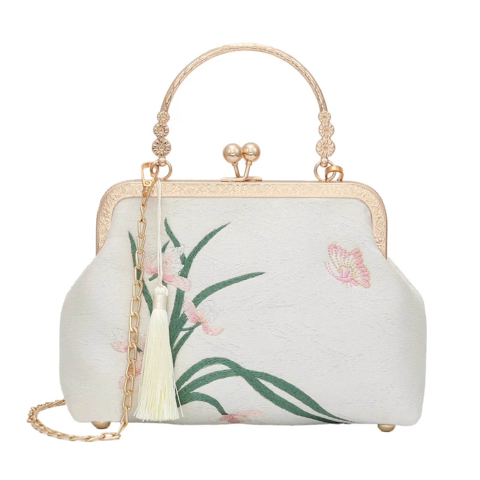 Bwinka Women's Chinese Retro Evening Clutch, Orchid Print Embroidered Jacquard Handbag with Tassel Detail, Hand-Engraved Accents and Detachable Chain, for Flower-Themed Holidays