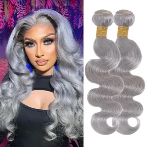 ALHER Sliver Grey 2 Bundles Human Hair Body Wave 12A Unprocessed Remy Hair Lavender Gray Colored Bundles Human Hair Weave Natural Wavy Color Sew In Quick Weave Short Wavy Sew In Extension
