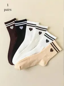 Women's Mid-Calf Socks, Cute Heart Design, Simple Heart Pattern + Striped Ankles, Sweet Style, Comfortable and Soft, Daily Wear Essential