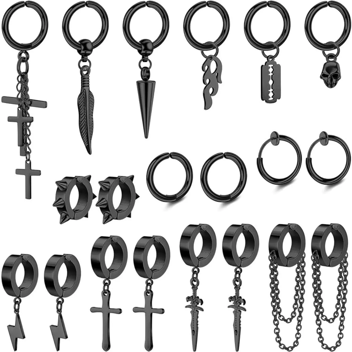 FLORIDECO 26Pcs Stainless Steel Non-Pierced Clip-On Men's Earring Stack - Cross Chains, Lightning, Feather, Spike, Skull Dangles, Huggie Hoops, Gothic Chain Look in Black, Silver Tone for Daily Wear, Men's Earrings, Bold Goth Styles, Earring Stacks, Male