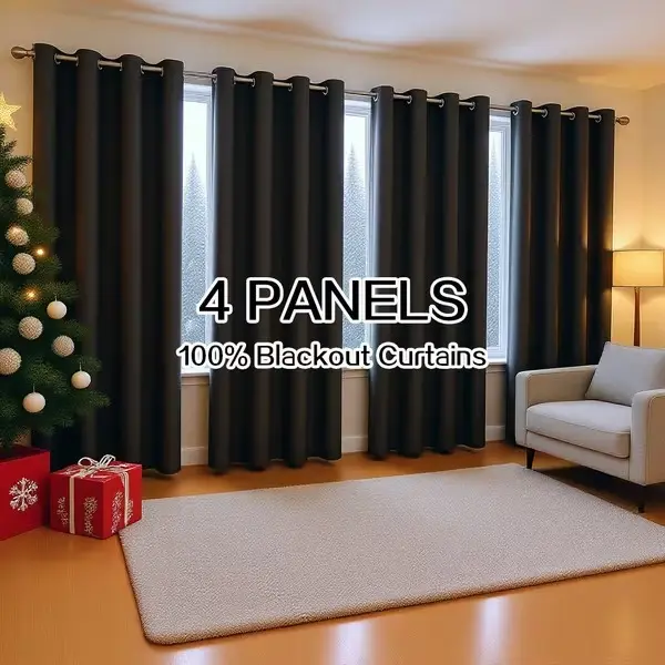 4 Panels 100% Blackout Curtains - Thermal Insulated, Noise Reducing, Light Blocking Curtains for Living Room & Bedroom