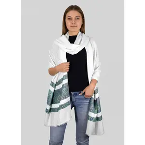 Tribal White Exclusive Silky Shiny Tribal Paisley Printed Fringe Scarf