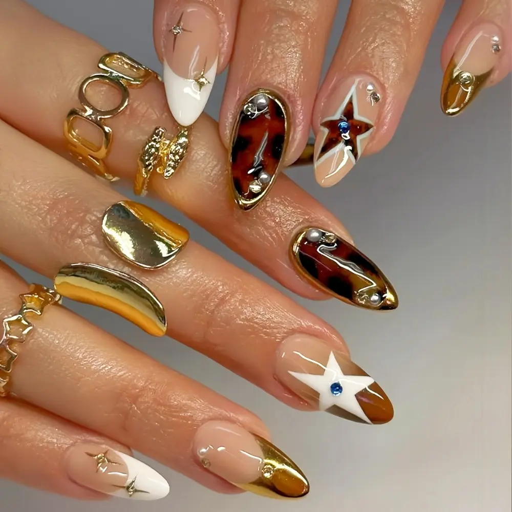 Leopard Print Star Gold Stripe 3D Pearl Rhinestone Nail Art, Nail Designs, Glossy Fake Nails, Star Pattern Rhinestones, Medium Almond Shape, Glossy Finish, 24 Pieces, Single Item