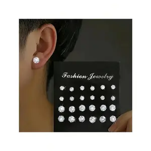24pcs/Set Fashionable Delicate Cubic Zirconia Stud Earrings For Men, Multiple Piece Basic Silver Color Earring Set For Friends, Parties, Dates, Daily Wear Christmas?New?Year?Valentine's?Day?Holiday?Gift