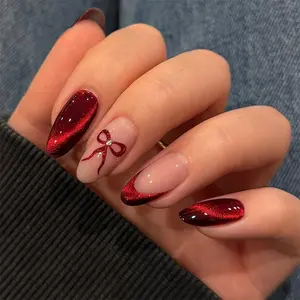 24Pcs Dark Red Press on Nails Cat Eye, Valentines Burgundy Glitter Press on Nails Almond Medium, Sparkly Shiny Fake Nails Set, Cute Bling Party Birthday Perfect for Dates, Parties & Daily Glam | Easy Application, Trendy 2026 Nail Design for Fashion Lovers