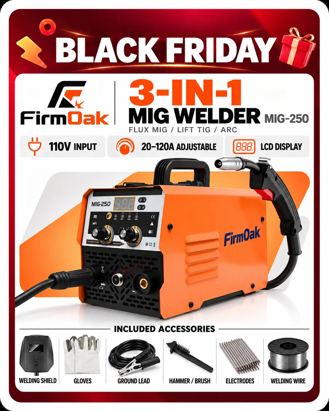 【BLACK FRIDAY】FirmOak 3-in-1 Portable Handheld Welder - 250A Welding Tool, 110V, 20-120A Adjustable Current, FLUX MIG/Lift TIG/ARC, LCD Display, Gas Tank Support, 3kg, 41cm, 2.5mm Capacity, for Home Repairs (Stainless Steel, Carbon Steel, Cast Iron）
