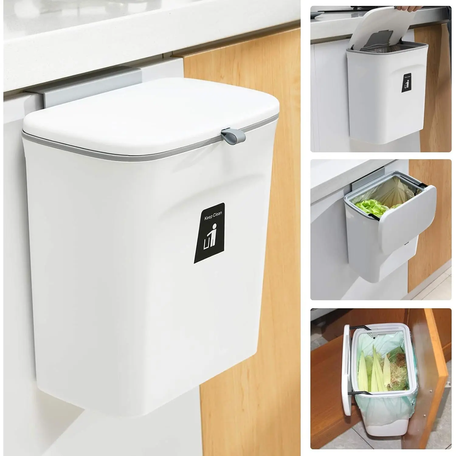 Kitchen trash bin, suitable for countertops or under the sink, hanging small trash can with lid, suitable for cabinets/bathroom/bedroom/office/camping, installable indoor compost bin, white
