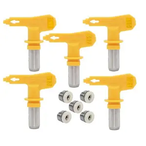 5-Piece Reversible Airless Spray Tips, for airless paint spray guns and airless paint sprayers. Yellow wear-resistant tips suitable for painting homes, buildings, decks, or fences (models: 211, 313, 415, 517, 621).
