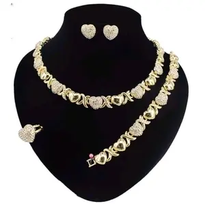 4pcs Fashionable Women's Yellow XOXO Love Hug Plated Gold Pendant Necklace Earrings Set for Parties, Weddings, and Gifts