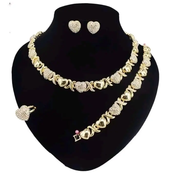 4pcs Fashionable Women's Yellow XOXO Love Hug Plated Gold Pendant Necklace Earrings Set for Parties, Weddings, and Gifts