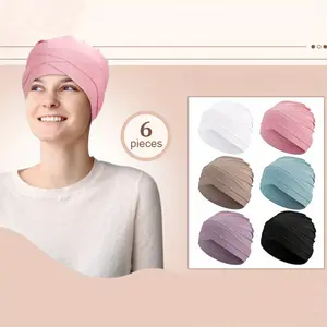 6PCS of Double Cross Elastic Headscarf Hat,Ethnic Style Base Hat, Chemotherapy Hat,Lightweight Elastic Windproof Headband Cap