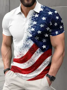 Men's Vintage Gradient Flag Polo Shirt Top, Usa Independence Day Print, Breathable Polyester, Casual Loose Fit, All Seasons Wear