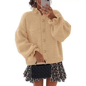 Women’s Autumn 2025 Thick-Bottom Cardigan Sweater, Fashionable Ruffled Button-Front Long-Sleeve Casual Knitted Coat, Winter Wear GARMENTARY