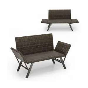 COSTWAY - Patio Convertible Sofa for 2 Quick Dry Foam Padded Rattan with Armrests-Gray