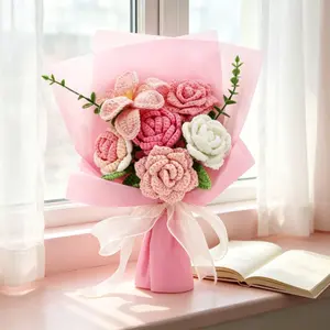 Handmade Crochet Rose & Gesang Flower Bouquet - Forever No-Wilt Flowers, Aesthetic Home Decor, Perfect Gift for Graduation Birthday Valentine Mother's Day, Soft Pink Roses, Delicate Flowers, Premium Wrapping