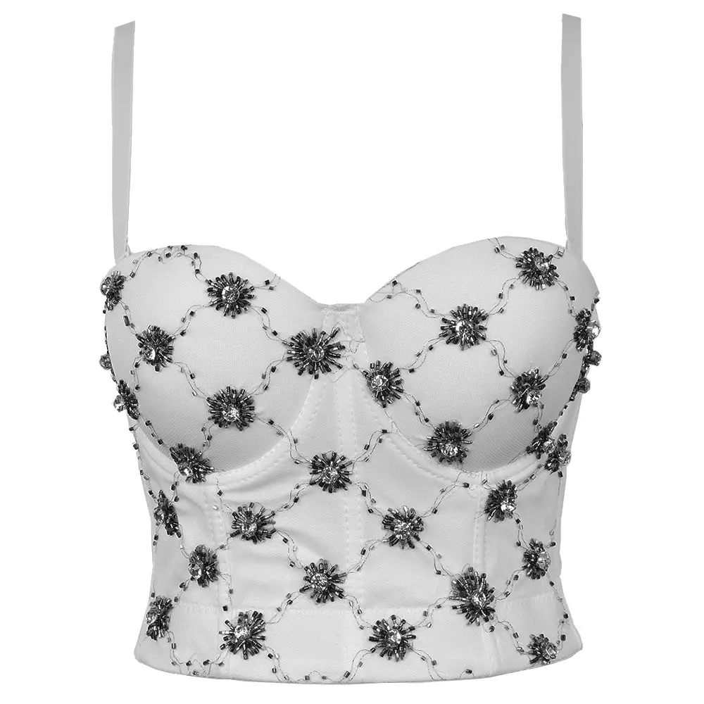 Glistening Beaded Corset Top for Women, Sexy Sleeveless Bustier with Fishbone Boning, Cropped Party Club Vest