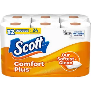 ComfortPlus Toilet Paper, 12 Double Rolls, 231 Sheets per Roll, Septic-Safe, 1-Ply Toilet Tissue Kitchen Wipes