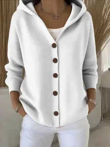 Women's Spring Autumn Soft Comfortable Fitted Hoodie, Casual Minimalist Unique Design Button Knit Cardigan, Elegant Long Sleeve Top for Daily Wear Knitwear