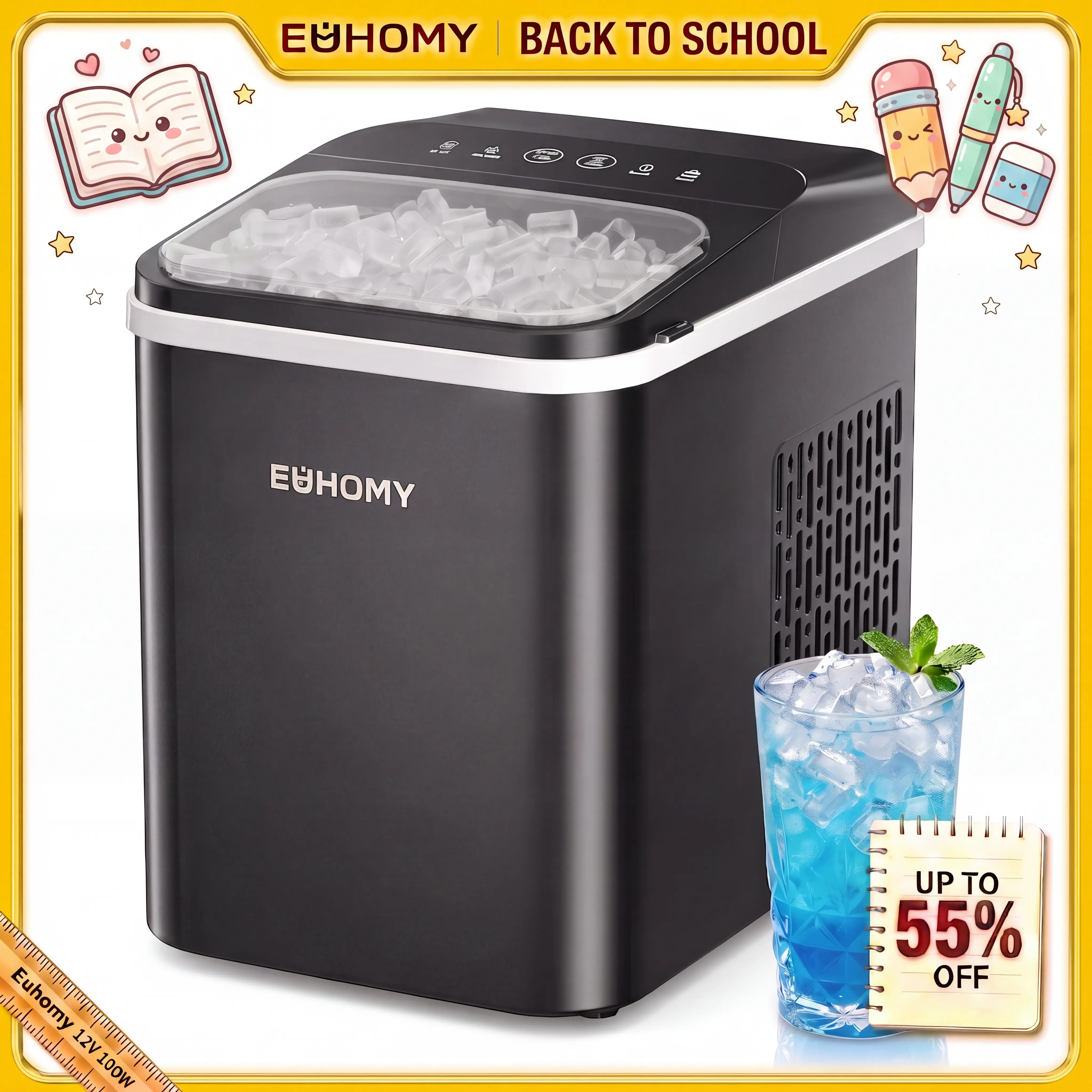 【Back To School】EUHOMY Countertop Chewable Icemakermachine, 33 lbs Daily Nugget Ice Production, 500g Capacity, Fast Compact Design, Simple 2-Button Operation, Fits Home Bars and Kitchens, Ideal for Home Cafe, Simple Two-Button Operation