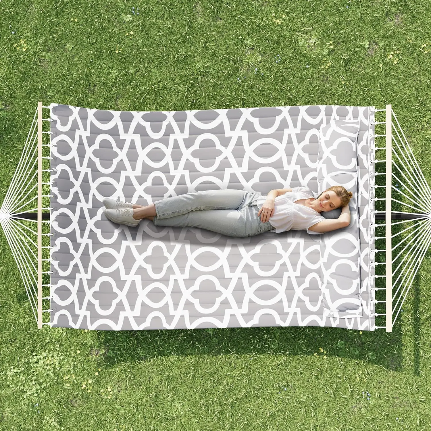 GAOMON Sturdy Light Gray 57-in Double Hammock with Carry Bag, Heavy-Duty Metal Stand, Cotton Fabric, Widening Ergonomic Design, 450-LBS Capacity, Assembly Required, for Sunrooms Indoor Outdoor