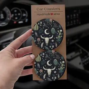 Witchy Car Coasters 2/4 Pcs Western Gothic Cow Skull Cactus Moon Print Boho Goth Whimsigoth Neoprene Non Slip Absorbent Cup Holder Insert for Desert Witch Goth Cowgirl 6.8 cm / 2.68 in