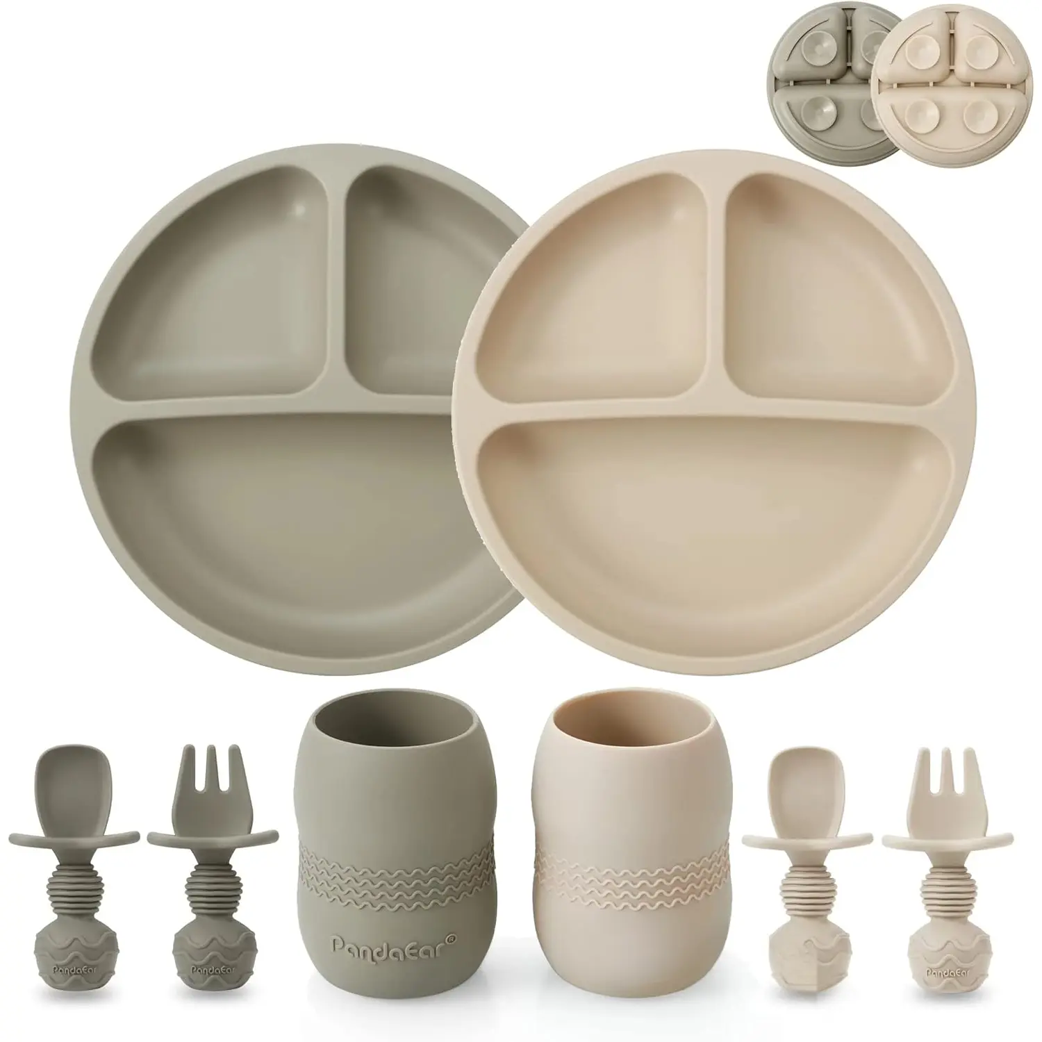 Feeding Set| 2 Pack  Divided Suction Plate and 2 Pack  Cup with 2 Spoons 2 Forks|  Led  Supplies Self Feeding Eating Utensils (Light Tan/Walnut)