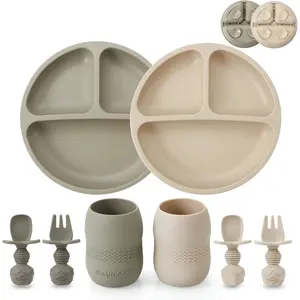 Feeding Set| 2 Pack  Divided Suction Plate and 2 Pack  Cup with 2 Spoons 2 Forks|  Led  Supplies Self Feeding Eating Utensils (Light Tan/Walnut)