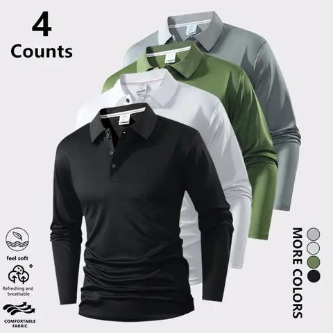 Men's 4-Piece Classic Basic Longsleeve Polo Shirt Set - Lightweight, Stretchable, Soft, Breathable, Plain Solid Color, Boyfriends-Fit Workwear for Spring Autumn Office Work-to-Casual Tops