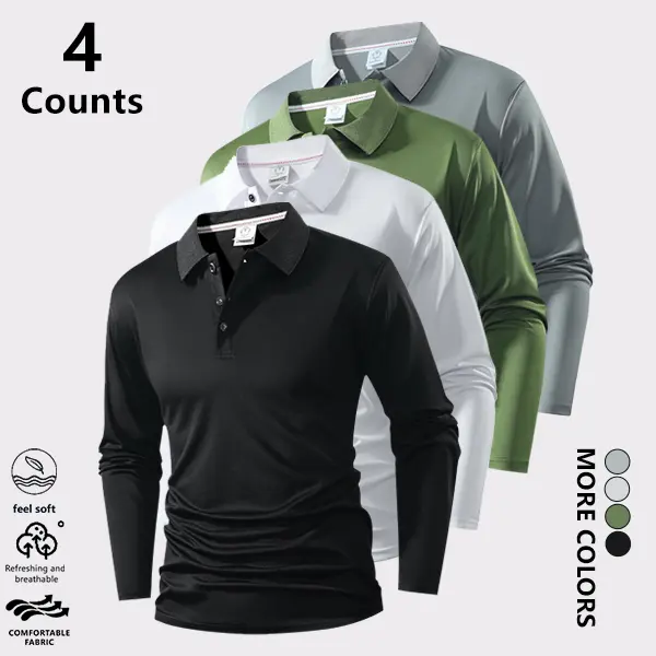 Men's 4-Piece Classic Basic Longsleeve Polo Shirt Set - Lightweight, Stretchable, Soft, Breathable, Plain Solid Color, Boyfriends-Fit Workwear for Spring Autumn Office Work-to-Casual Tops