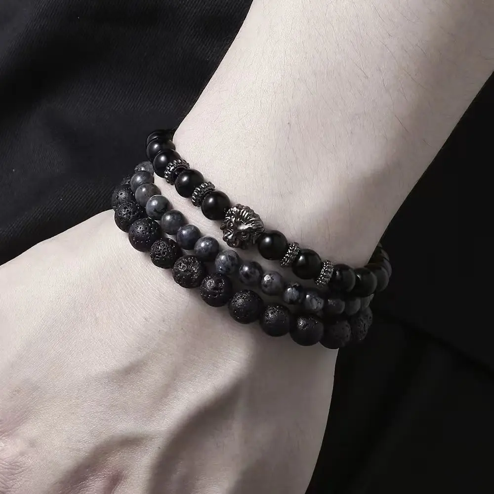 3 Pcs Vintage Lion Head Charm Beaded Bracelet Set for Men, 8mm Lava Rock Beads Multilayer Stackable Handmade Braided Wrist Jewelry, Stylish Durable Bracelets for Daily Casual Streetwear Gift for Him