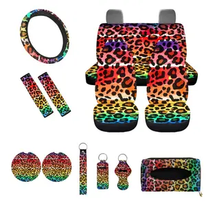 Leopard Car Accessories Bundle – Universal Fit Seat Covers Front & Rear Covers, Steering Wheel Cover, Coasters& Keychain | Complete Universal Interior Set for Car, SUV & Truck | Gift Idea  Stylish Car Decor