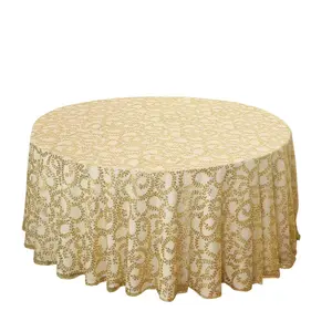 Tulle 120" Round Tablecloth Gold - Seamless Sequin Leaf Embroidered Design for Sophisticated Occasions