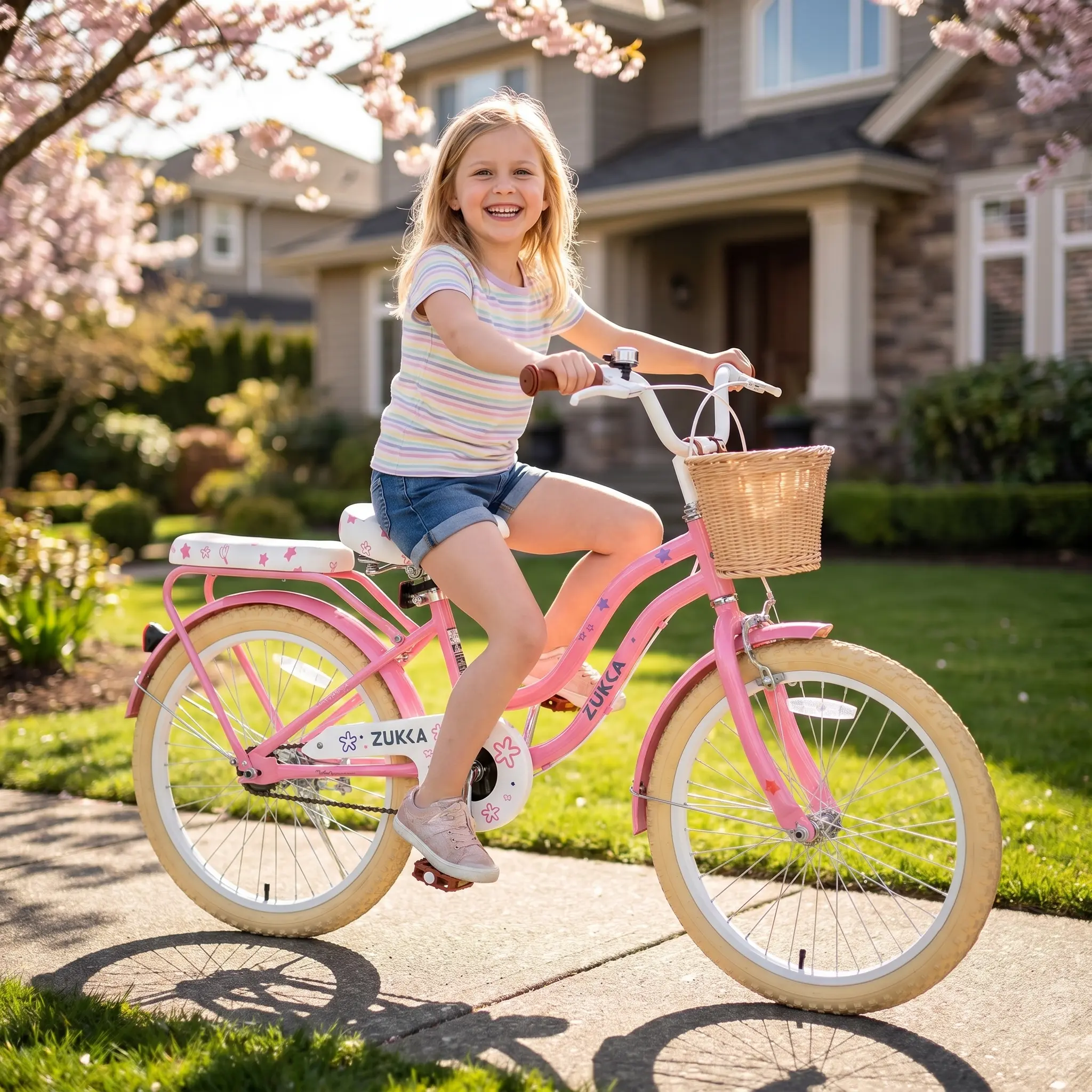 20 in Vintage Girls' Pedal-Powered Cruiser Bike - Steel Retro Children's Bikes with Cute Front Basket, White Leather Saddle, Leather Grips, 20*2.125 Tires, CPC-Compliant Ideal Birthday Gift for 7-10 Year Old Girls