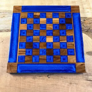 Black Walnut Deep Blue Chess Board Handmade with Pieces 16x16in Epoxy Resin Tabletop Game for Tournament Players