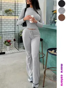 Women's Fashion Street Style Round Neck Long Sleeve Two-Piece Set, Slim Fit Top & High Waist Pants, Soft Fabric, Fall Winter