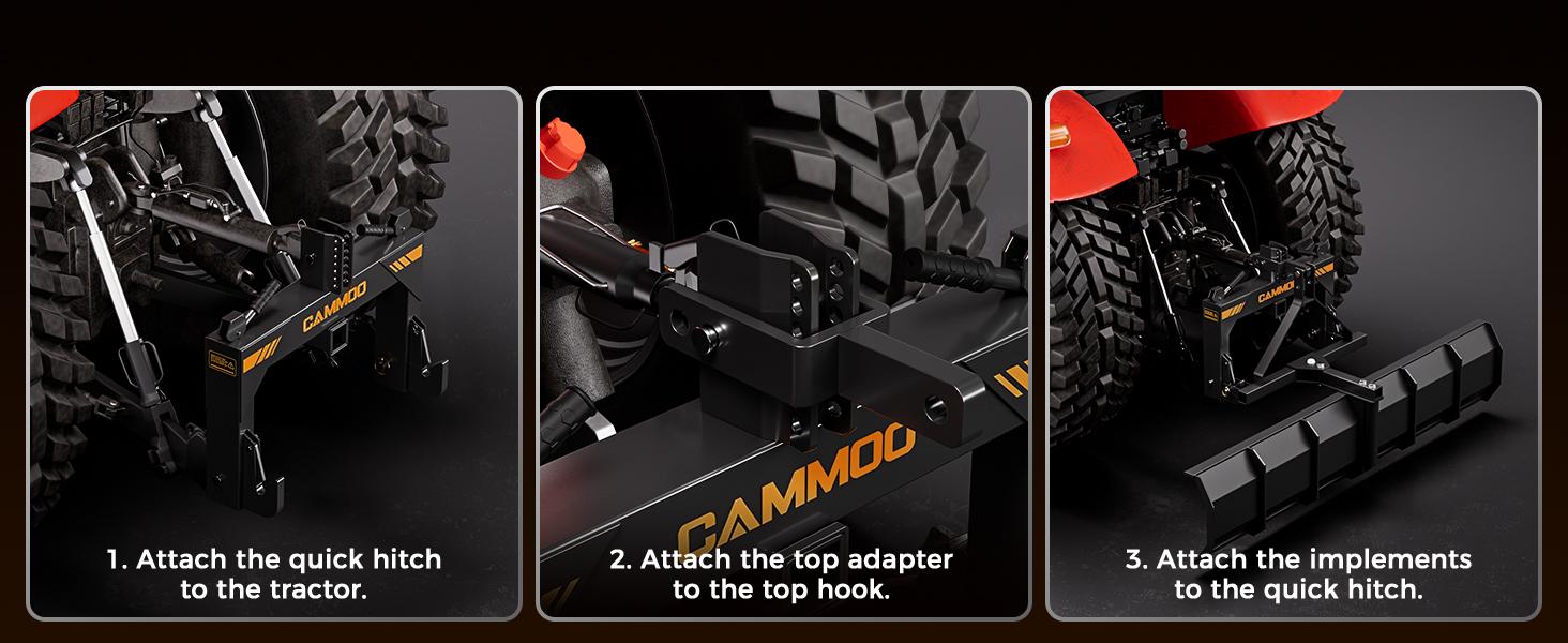 【Back To School】CAMMOO 3-Point Quick Hitch with 2" Receiver & Extra Versatile Adapter - Category 1 Compatible, No Bushing Needed, 3000LBS Lift Capacity, 5-Level Adjustable Bolt, Reinforcing Rib Design (Boating & Water Sports Accessory) campingessentials,