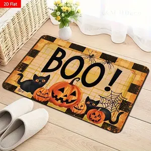 Halloween Welcome Doormat - Non-Slip Backing, Black & Orange Plaid BOO! with Jack-O'-Lanterns & Cats - Non-Woven Fabric Indoor/Outdoor Mat for Entryway, Kitchen, Bathroom - Halloween Decorations, Fall Home Gift for Pet Lovers