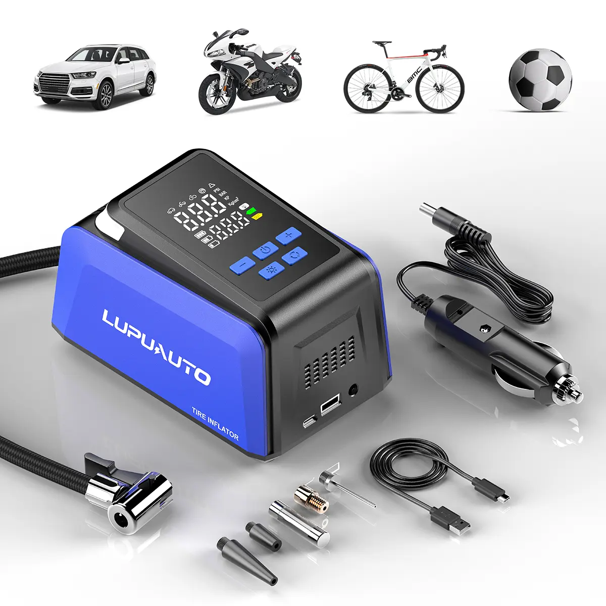 LUPUAUTO Portable Wireless Outdoor Inflator Air Compressor - 150PSI Digital Gauge, LED Light, Cordless Driving Tool with 4 Modes, Type-C Cable for Car, Motorcycle