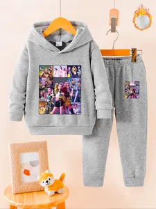 Autumn Winter Girls' Fleece Set & Hoodie Sweatshirt + Jogger Pants, Kpop Demon Hunters Cartoon Pattern, Cute Warm for Kids