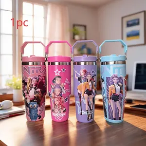 K-Pop Ghost Hunter Theme Insulated Mug, Reusable with Lid and Straw, Ideal for Travel, Work, School, Halloween Christmas Gift