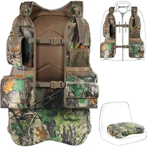 Turkey Hunting Vest with Detachable Seat & Game Bag, Silent Camo Lightweight Vest for Men & Women, 14-Pocket Tactical Gear for Turkey Dove Upland Bird Hunting Accessories