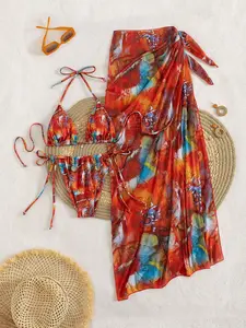 2026 Summer Red Printed Three-Piece Bikini Cover-Up Set Halter Bikini Set with Chiffon Sarong Bohemian Style Beachwear for Women Suitable for Tropical Vacation Three-Piece Swimsuit - SummerVibes