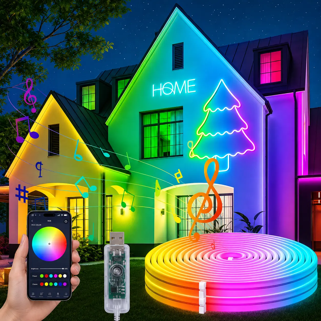 LED Neon Rope Lights for Gaming Room, 5M RGBIC USB-Powered with App & Remote Control, Music Sync Flexible Lighting for Gaming Desk and Bedroom