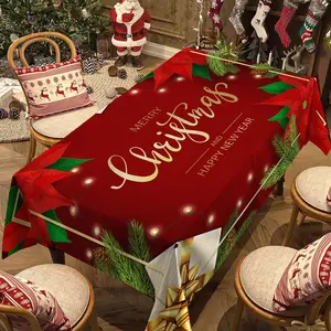 Christmas Tablecloth with Pine Needles and Christmas Flower Design, Indoor Outdoor Decoration, Holiday Kitchen Dining Room Decor