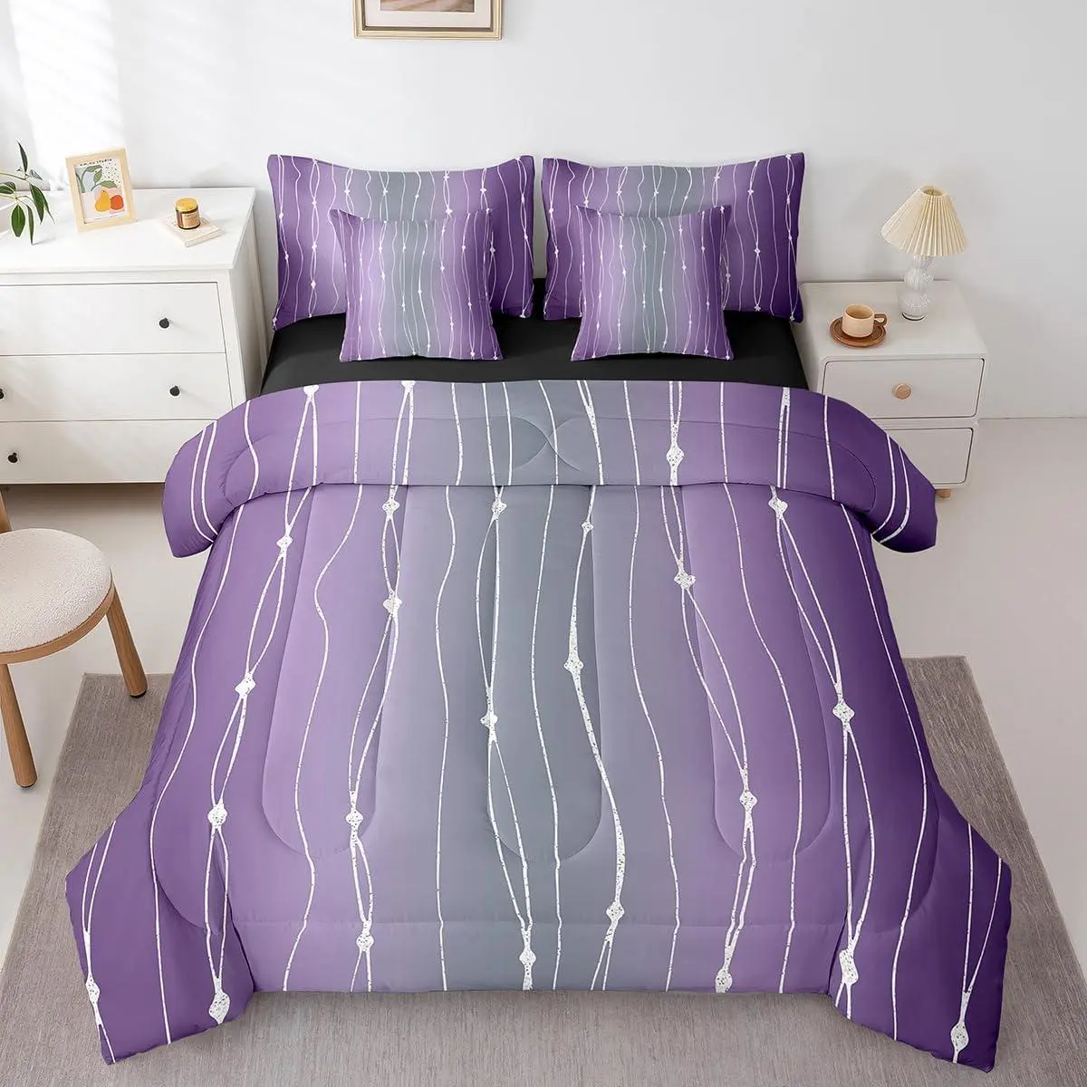 Feelyou 7-Piece Microfibre Gray & Purple Watercolor Geometric Stripe Abstract Wave Comforter Set - Multi-Size Pack, Machine Washable, King Size Option, Women's Modern Soft Texture Breathable Bedding Sets Collections, Seven Pieces