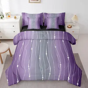 Feelyou 7-Piece Gray and Purple Watercolor Print Bedding Comforter Set - Multi-Size Geometric Look Abstract Wave Stripe Bed-in-a-Bag for Women, Modern Aesthetic Soft Furnishings Collection