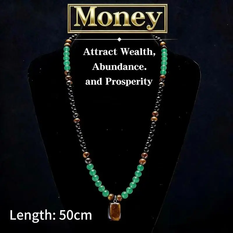 Crystal Necklace with Green Aventurine & Tiger Eye Pendant, Long Beaded Sweater Chain for Men & Women, Money Attraction & Abundance Healing Gift, Crystal Necklaces, Bead-Based Necklaces
