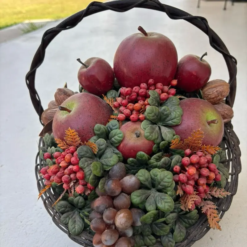 Vintage fall decor faux fruit basket arrangement