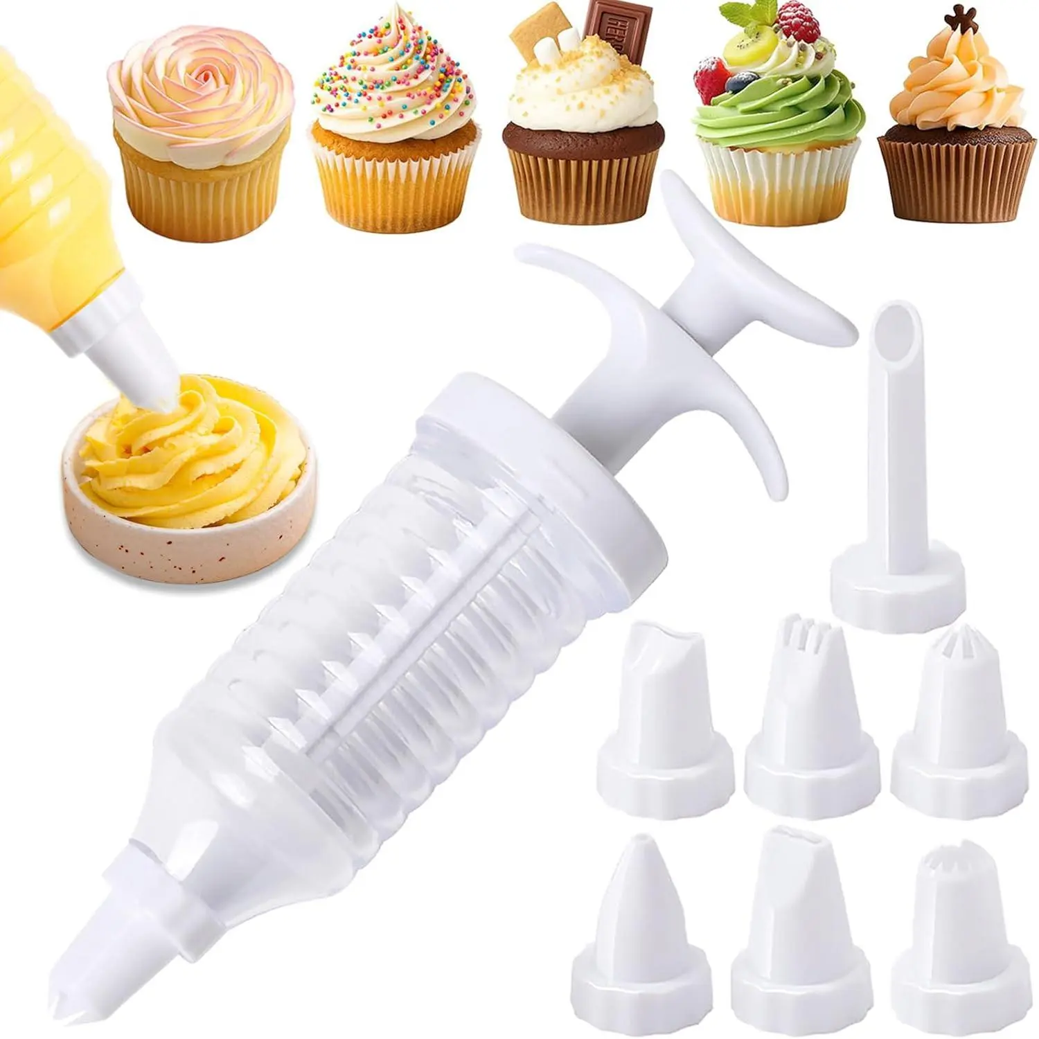 Speed Cake Decorating Gun, Cupcake Frosting Decorating Kit, Cake Decorating Kit with 8 Decorating Tips, Cupcake Syringe/Decorating Frosting Set, White