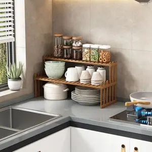 Bamboo Kitchen Storage Rack, 1 Count Kitchen Double Layer Countertop Storage Rack, Kitchen Organizer, Kitchen Storage Organizer, Home Organizer, Bamboo Wood Stand